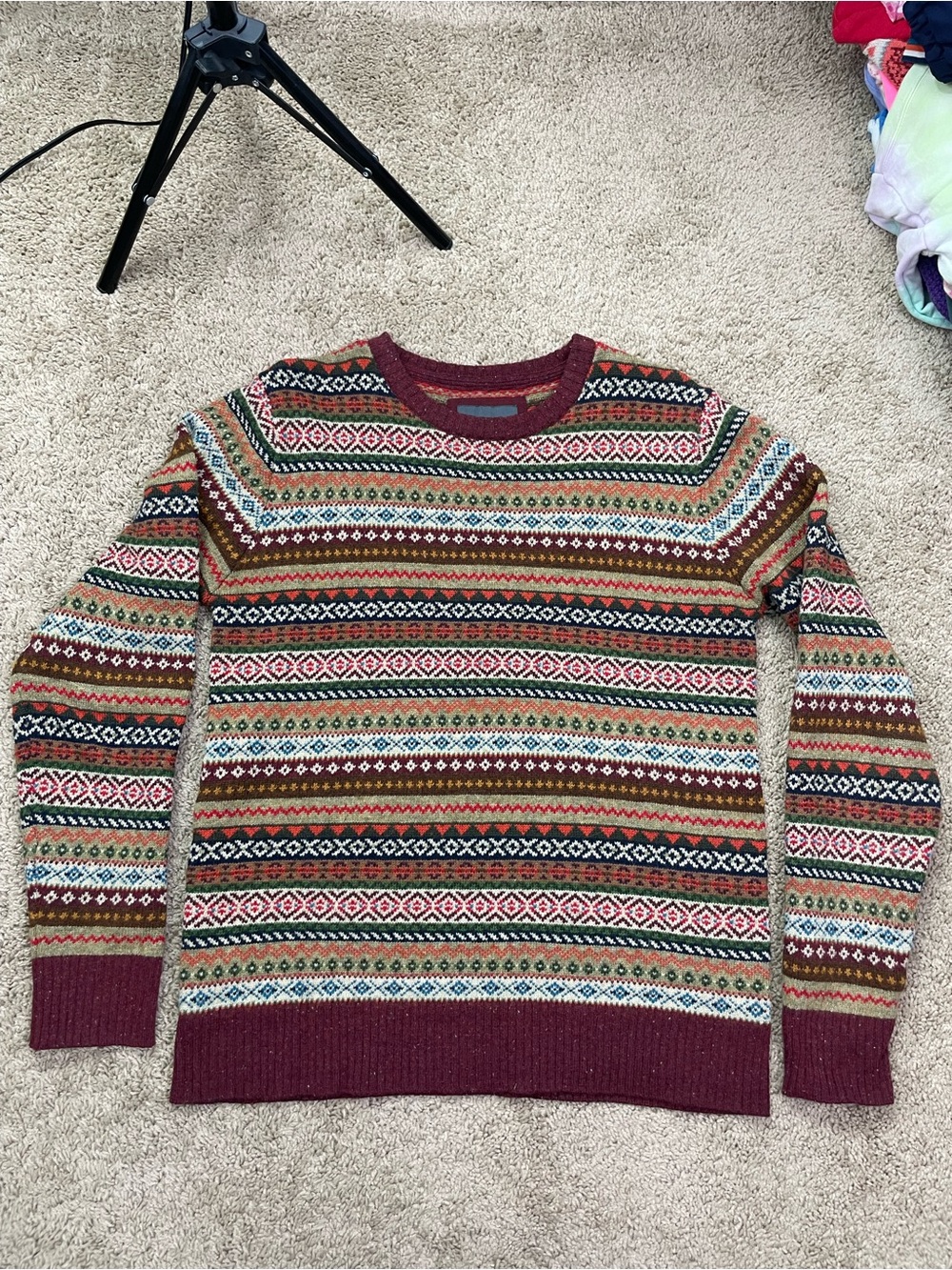L.O.G.O. X H&M Multicolor Fair Isle Crewneck Wool Sweater - Burgundy Trim